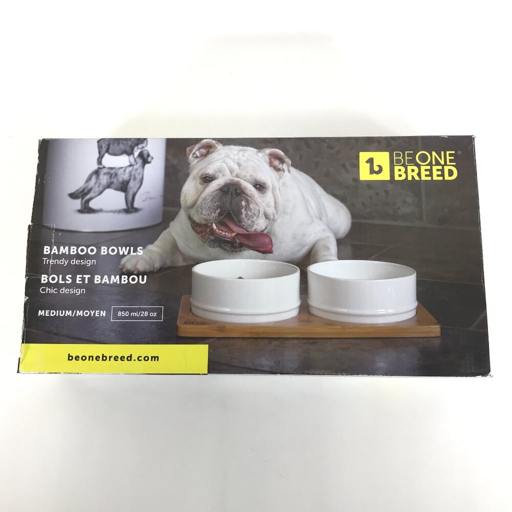 NEW Be One Breed Bamboo & Ceramic Bowl Set Size Medium White Feeder Pet Food
